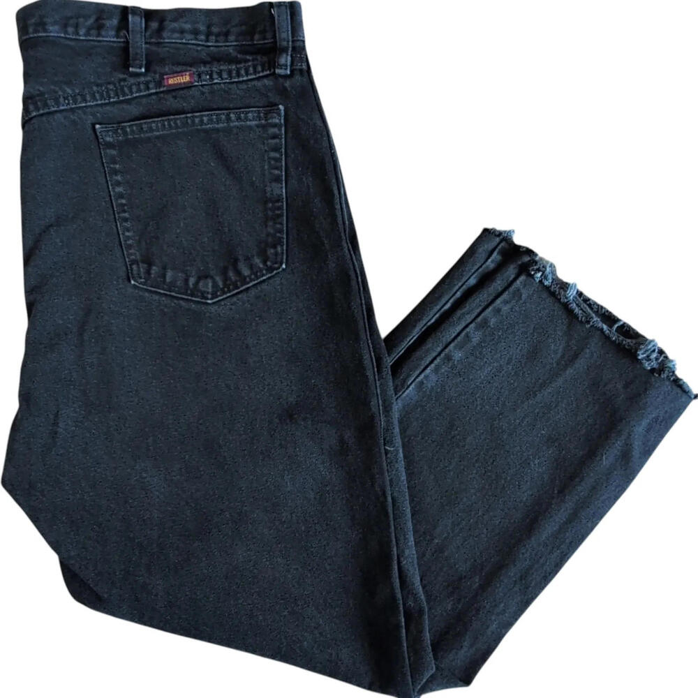 Rustler Jeans Mens 42x28 Black Denim Straight Leg Raw Hem Frayed Relaxed Fit